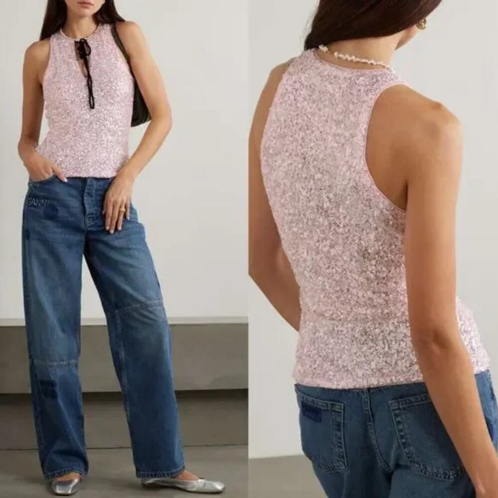 Ganni 3D Sequin Top in Mauve Chalk